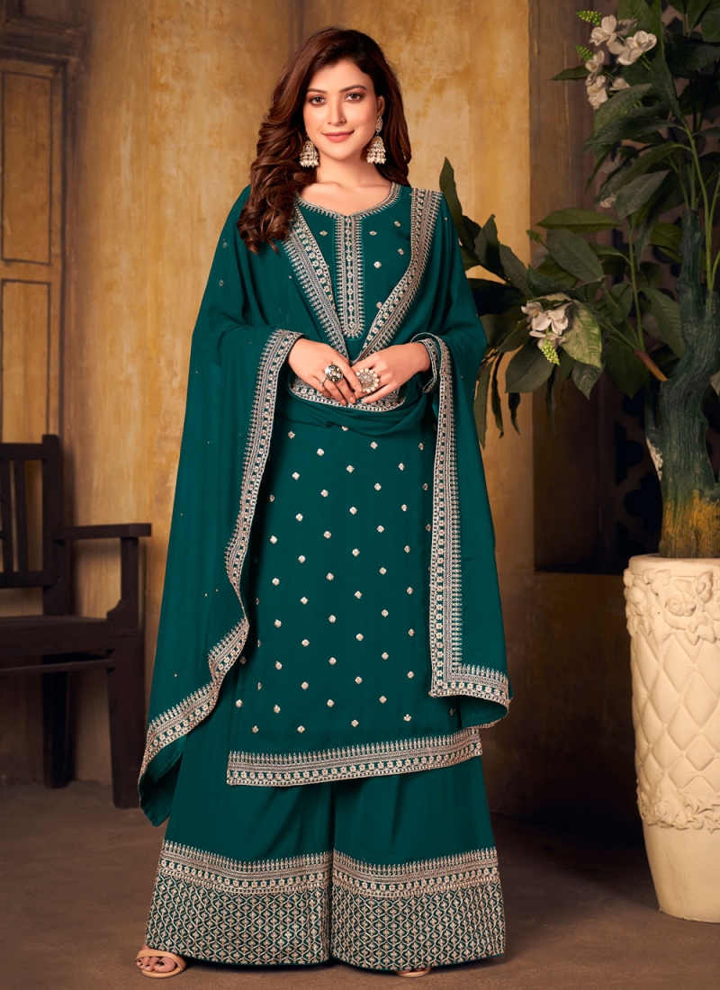 Green Faux Georgette Embroidered Designer Palazzo Suit