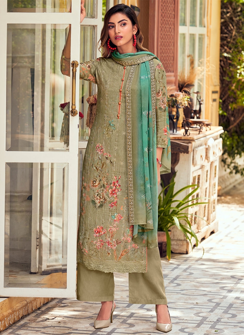 Green Floral Print Muslin Pakistani Salwar Kameez