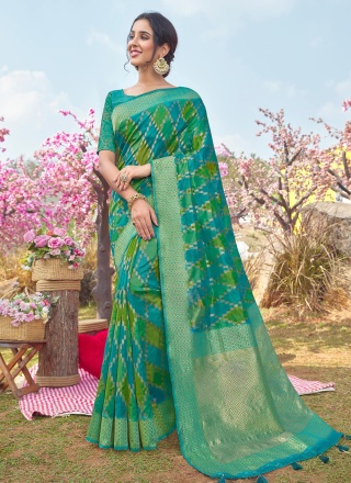 Green Organza Printed Saree