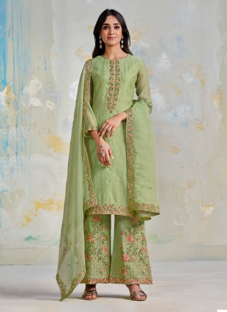 Green Satin Ceremonial Trendy Salwar Kameez