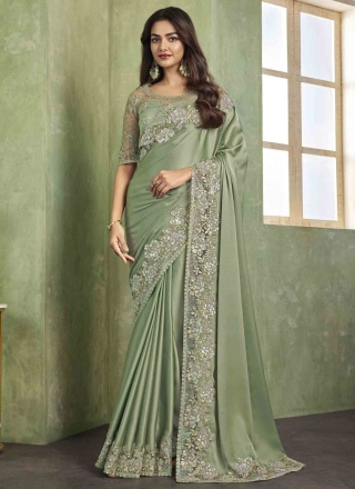 Green Satin Silk Contemporary Saree