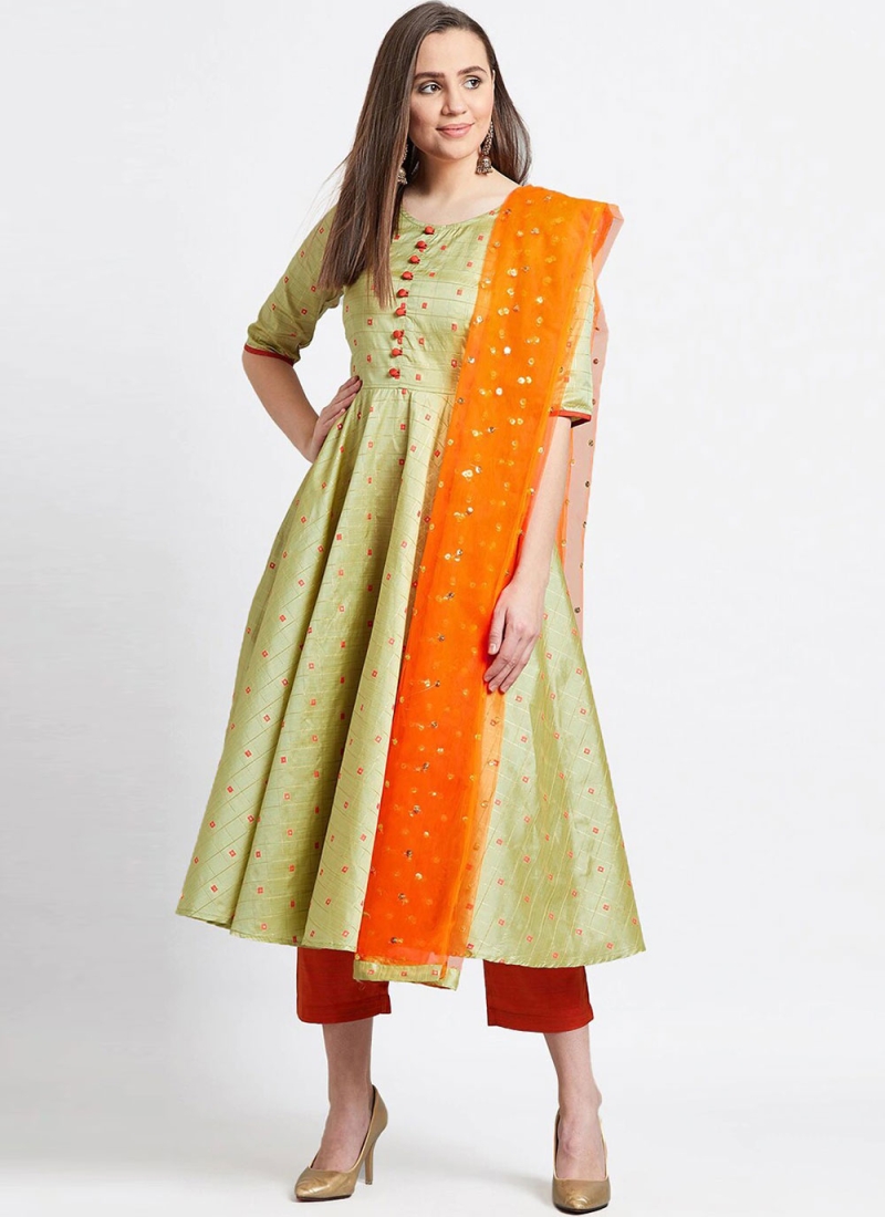 Green Silk Blend Butta Anarkali Salwar Suit