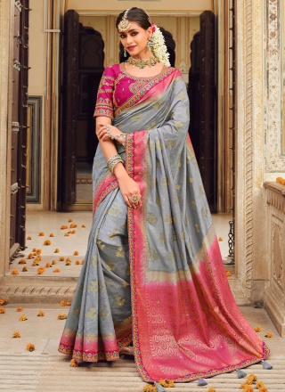 Grey and Pink Engagement Classic Saree