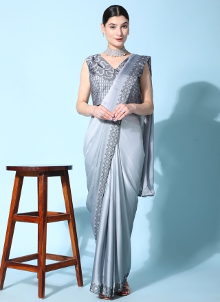 Grey Border Georgette Satin Classic Saree