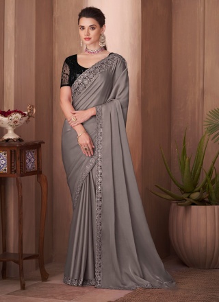 Grey Embroidered Silk Saree