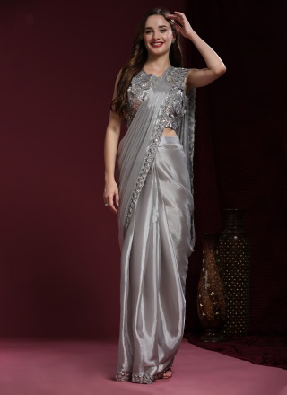 Grey Embroidered Wedding Classic Saree