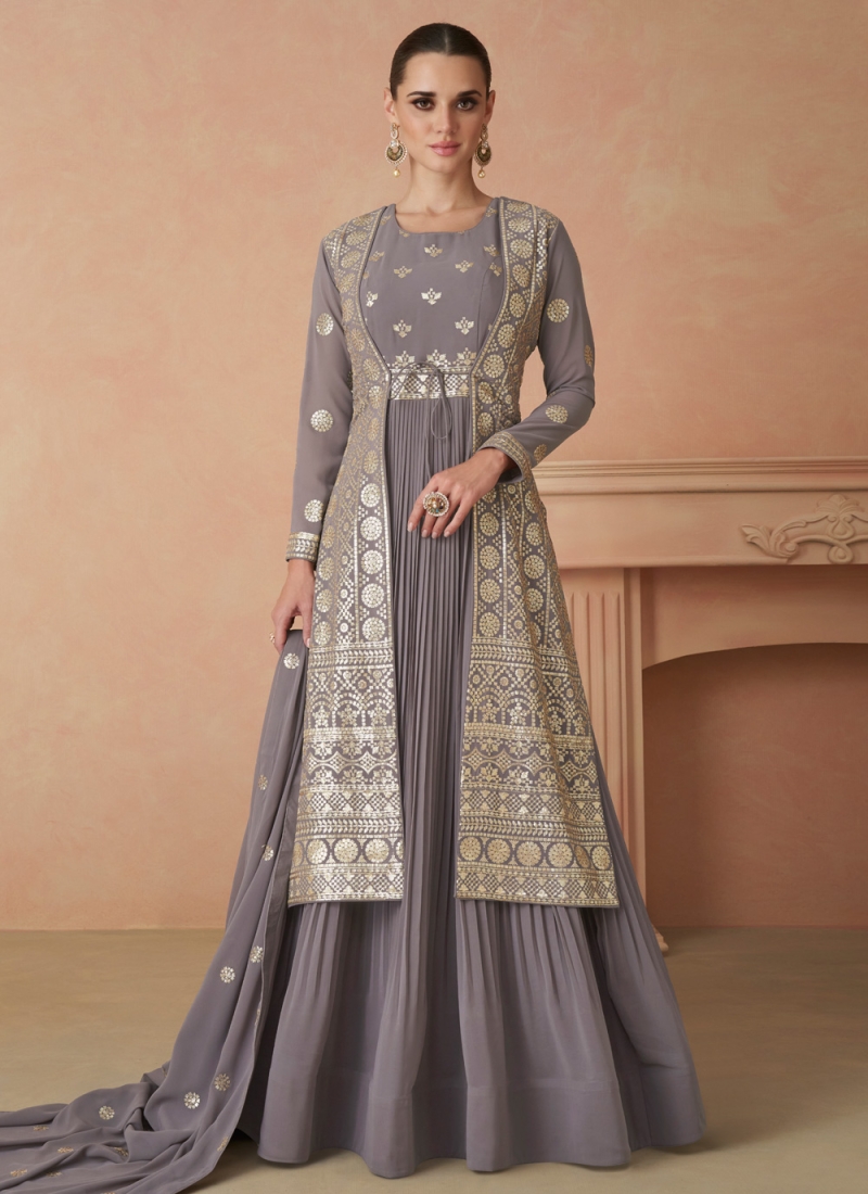 Grey Engagement Georgette Readymade Gown