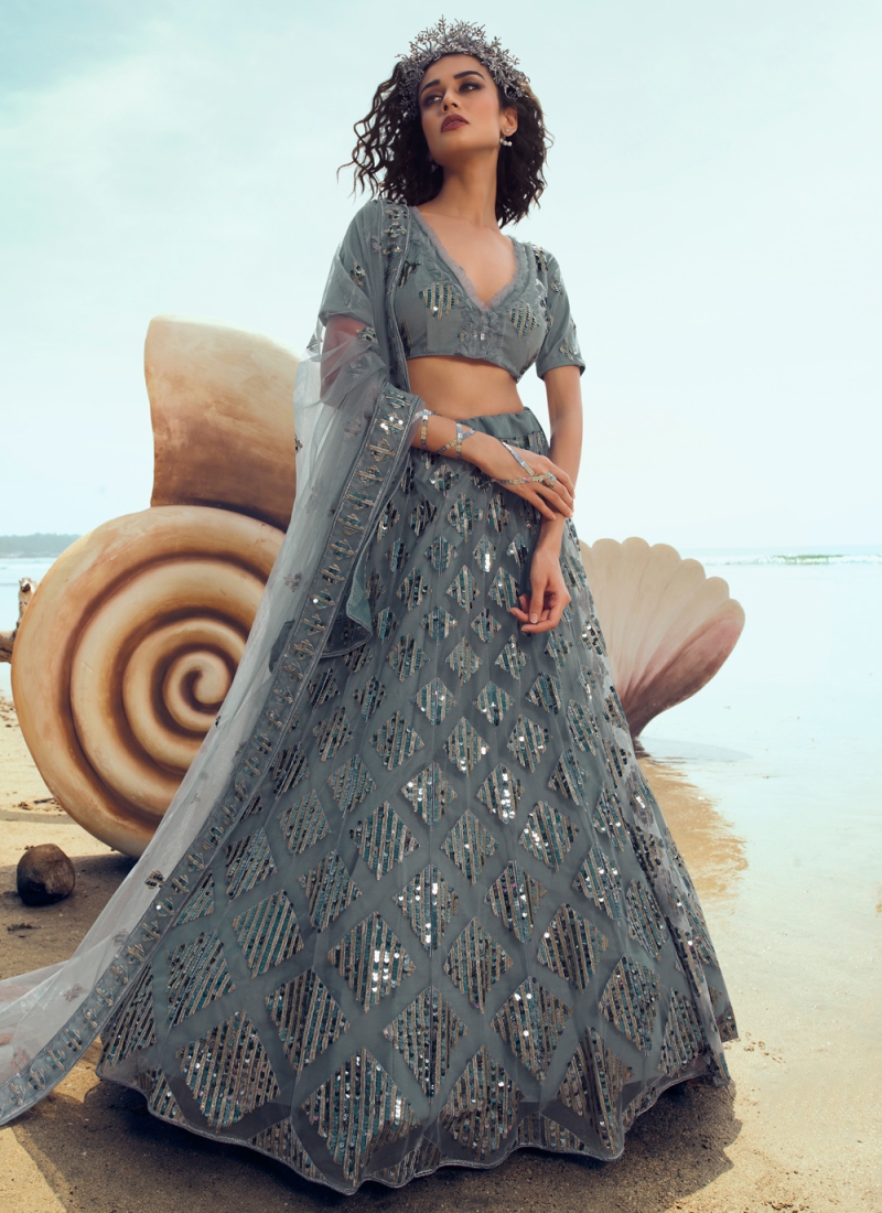 Grey Net Festival Designer Lehenga Choli