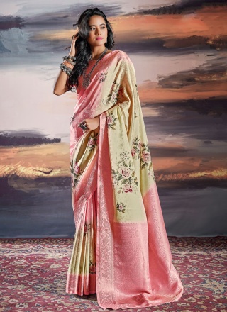 Gripping Digital Print Cream Contemporary Style Saree