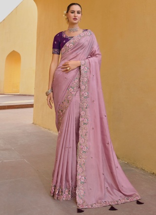 Groovy Pink Embroidered Trendy Saree