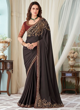 Groovy Silk Brown Embroidered Trendy Saree