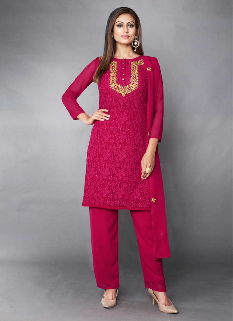 Haute Georgette Thread Pink Pant Style Suit