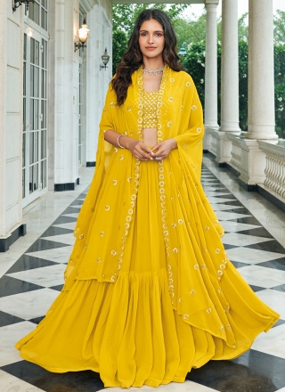 Hypnotic Faux Georgette Embroidered Yellow Readymade Lehenga Choli