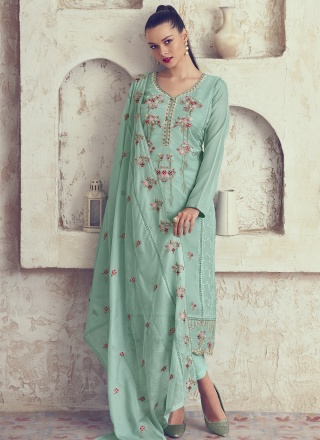 Ideal Embroidered Sea Green Trendy Salwar Kameez 