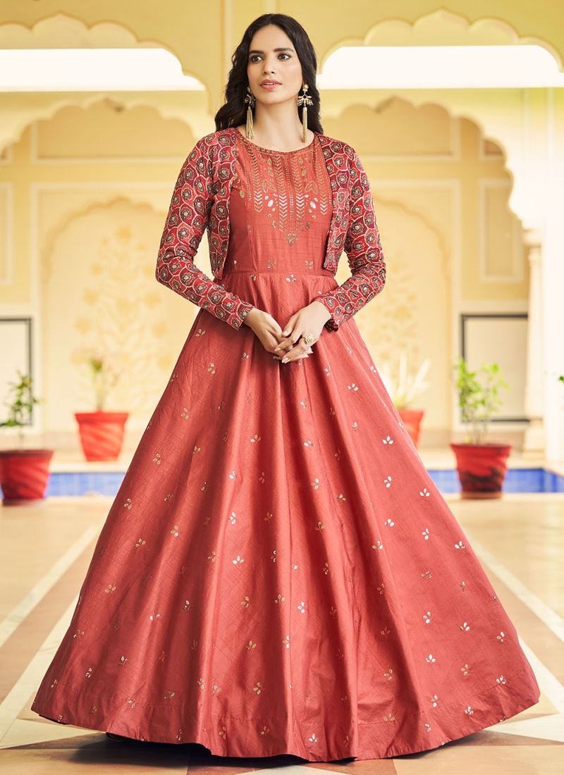 Immaculate Cotton Orange Embroidered Gown