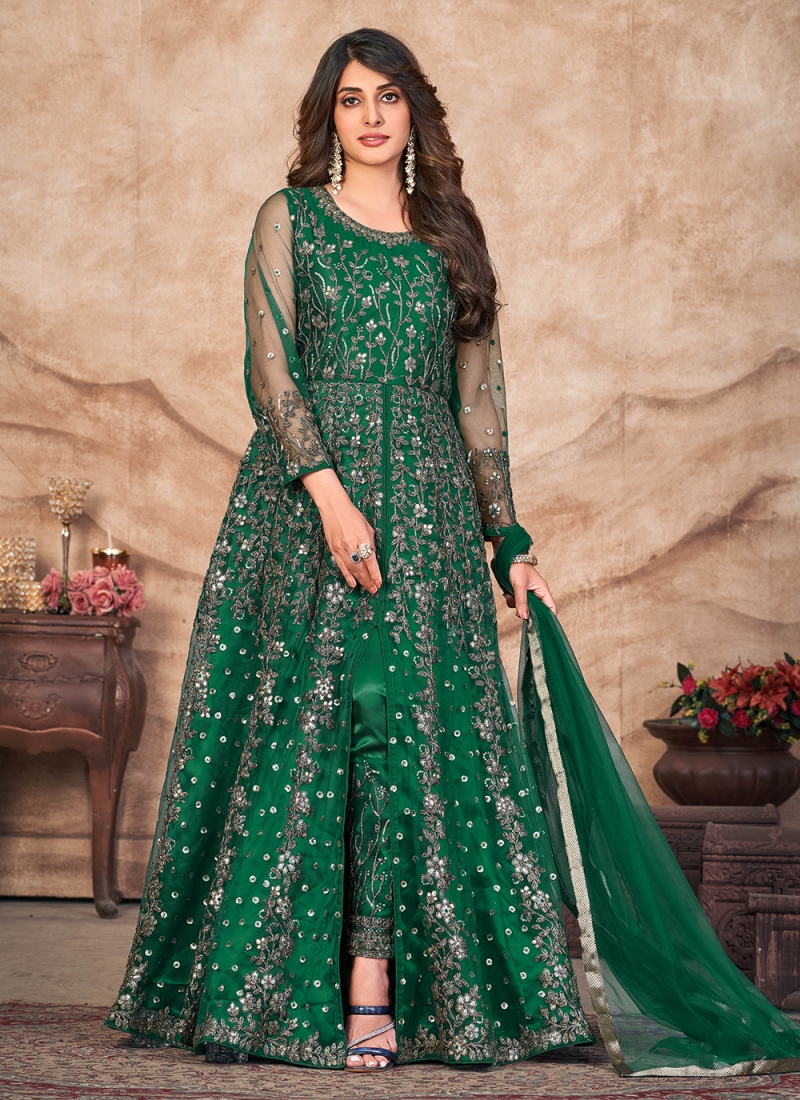 Immaculate Embroidered Net Green Designer Salwar Suit
