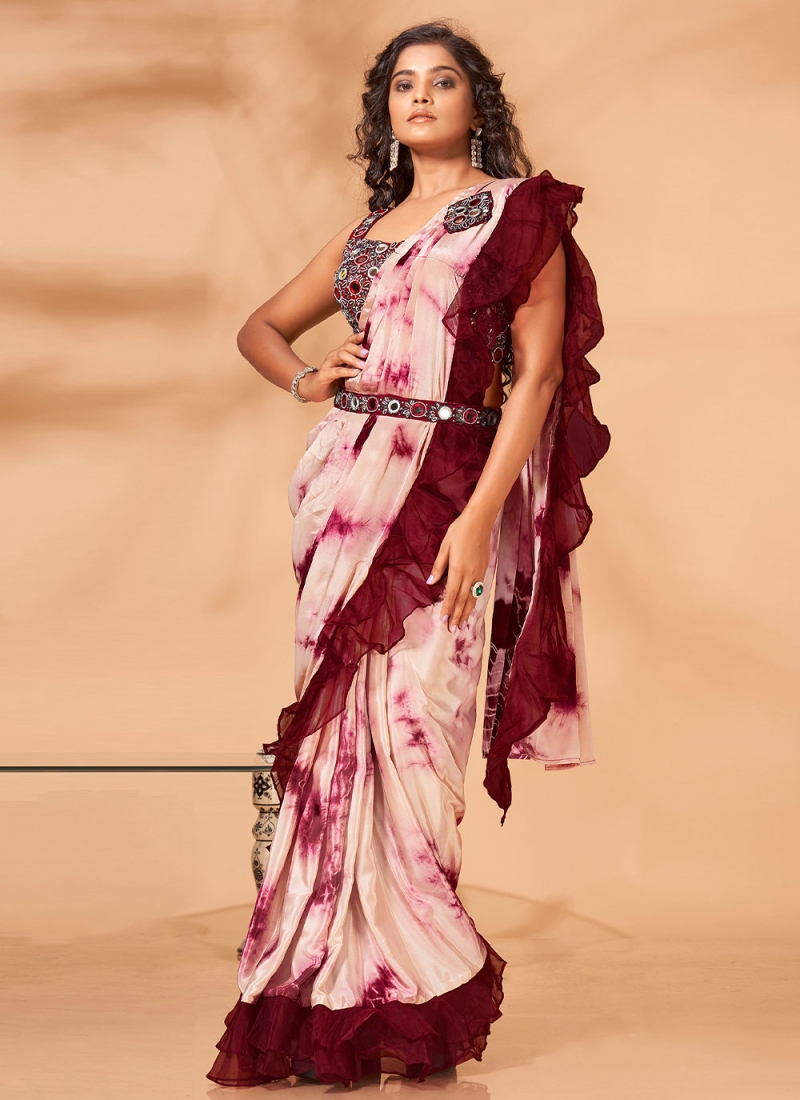 Immaculate Printed Maroon Designer Saree