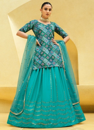 Immaculate Turquoise Sangeet Long Choli Lehenga