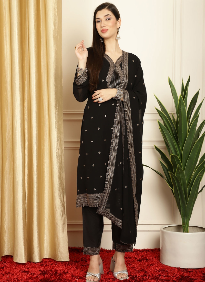 Imposing Georgette Black Embroidered Designer Salwar Suit