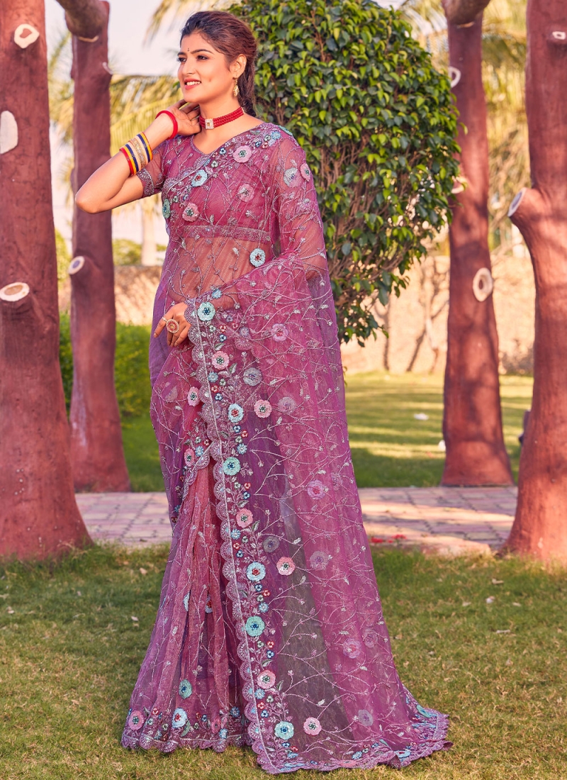 Imposing Net Embroidered Purple Contemporary Style Saree