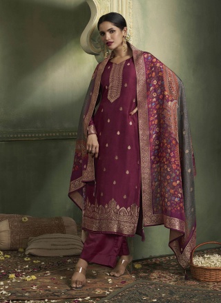 Imposing Viscose Wine Jacquard Work Readymade Salwar Suit