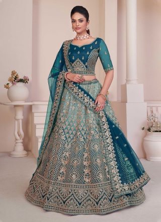 Impressive Sequins Teal Net Trendy Lehenga Choli