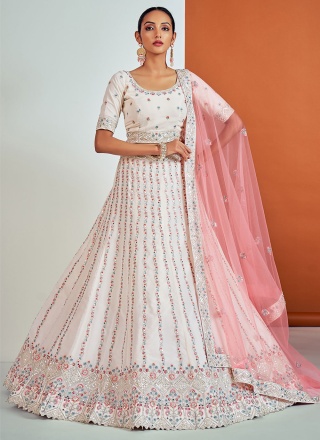 Impressive White Mirror Georgette Long Choli Lehenga