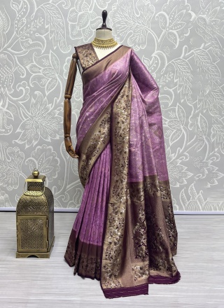 Innovative Kanjivaram Silk Lavender Thread Work Contemporary Saree