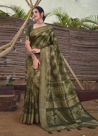 Innovative Organza Printed Green Contemporary Style Saree