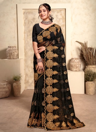 Intricate Embroidered Black Net Classic Saree