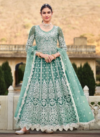 Invigorating Net Aqua Blue Stone Trendy Salwar Kameez