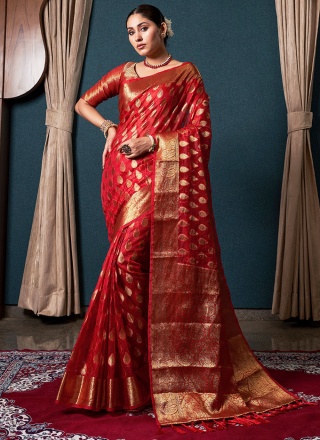 Invigorating Organza Red Designer Classic Saree