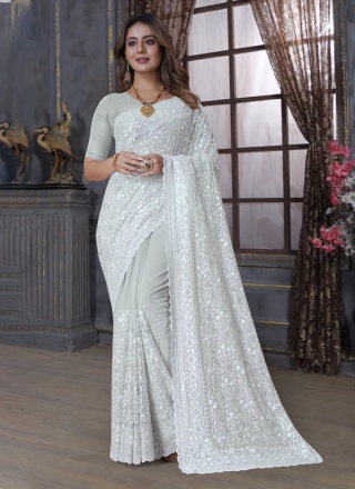 Irresistible Sea Green Embroidered Georgette Classic Saree