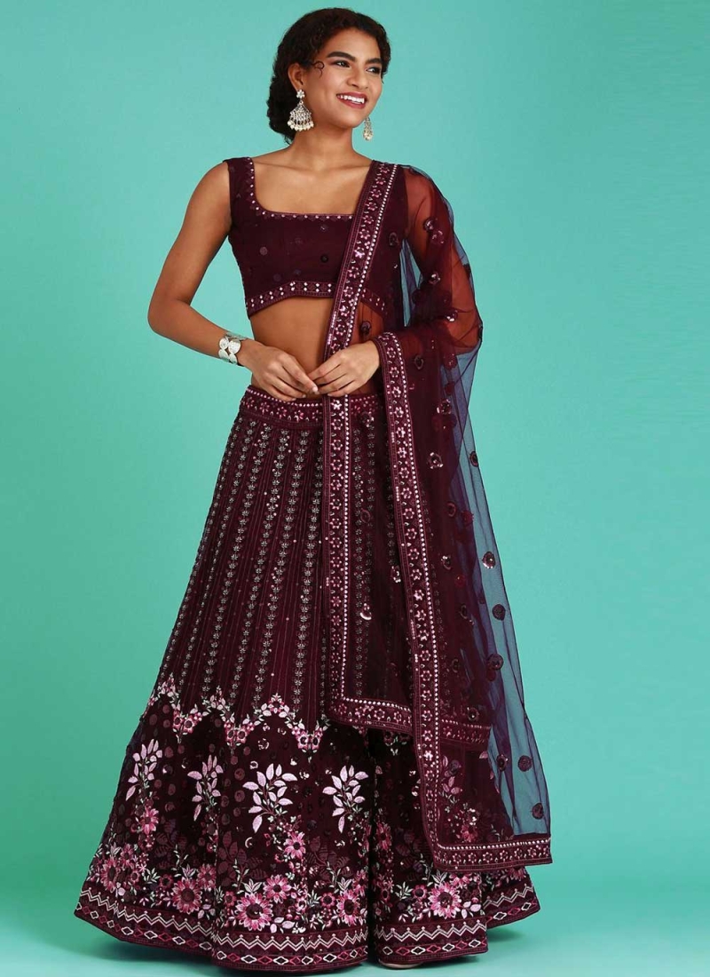 Irresistible Wine Sequins Net Lehenga Choli