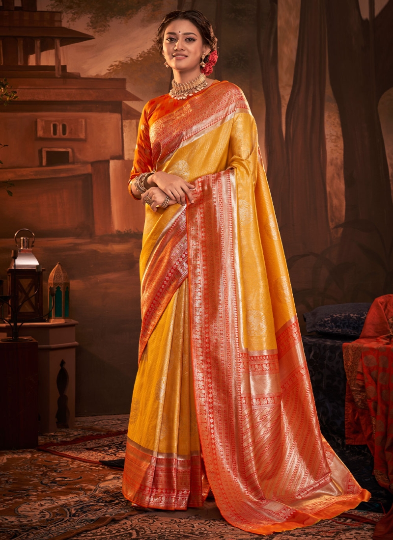 Kanchipuram Silk Orange and Yellow Weaving Trendy Saree