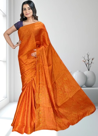 Kanjivaram Silk Orange Embroidered Classic Saree