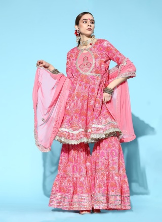 Latest Blended Cotton Pink Printed Sharara Set