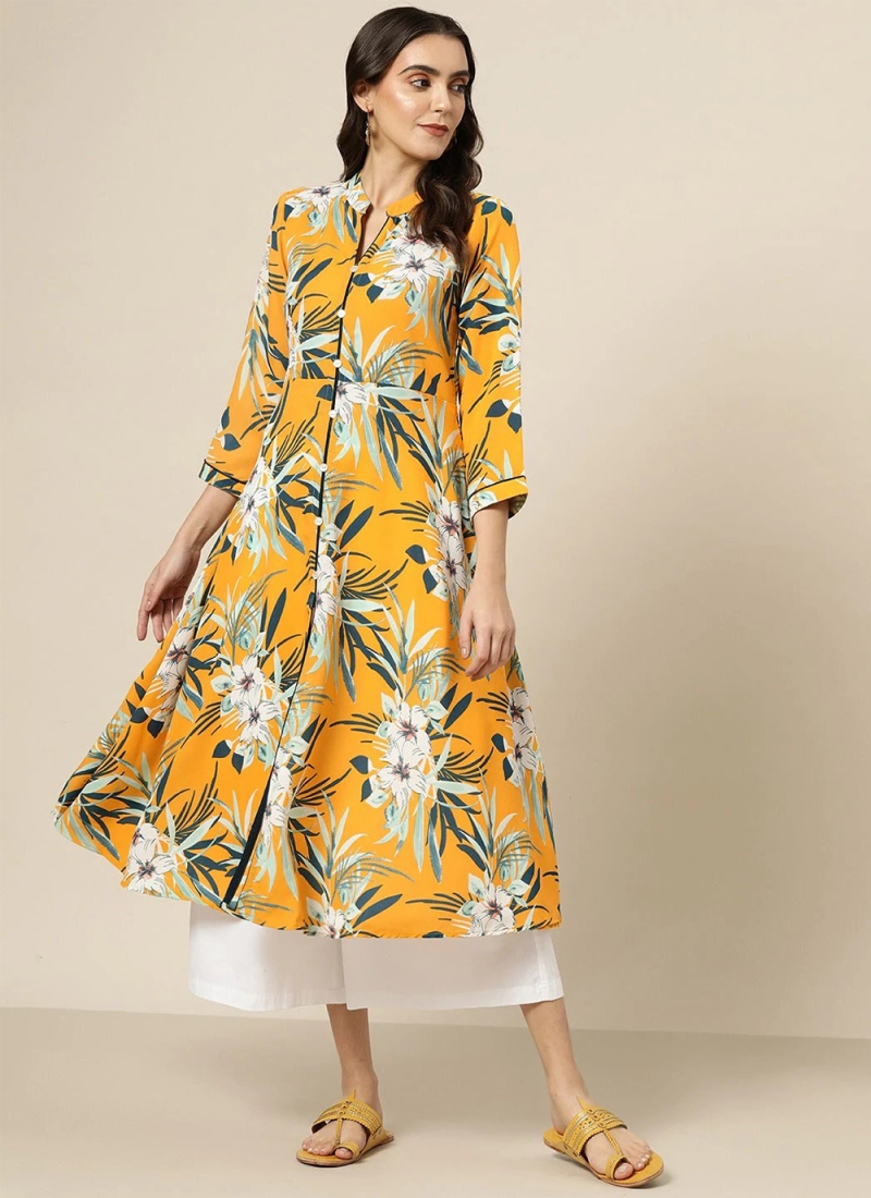 lavish cotton floral print teal and yellow casual kurti 19130