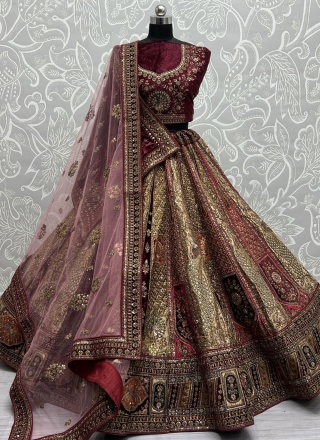 Lavish Silk Embroidered Beige and Maroon Lehenga Choli