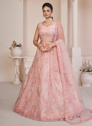 Lehenga Choli Embroidered Net in Pink