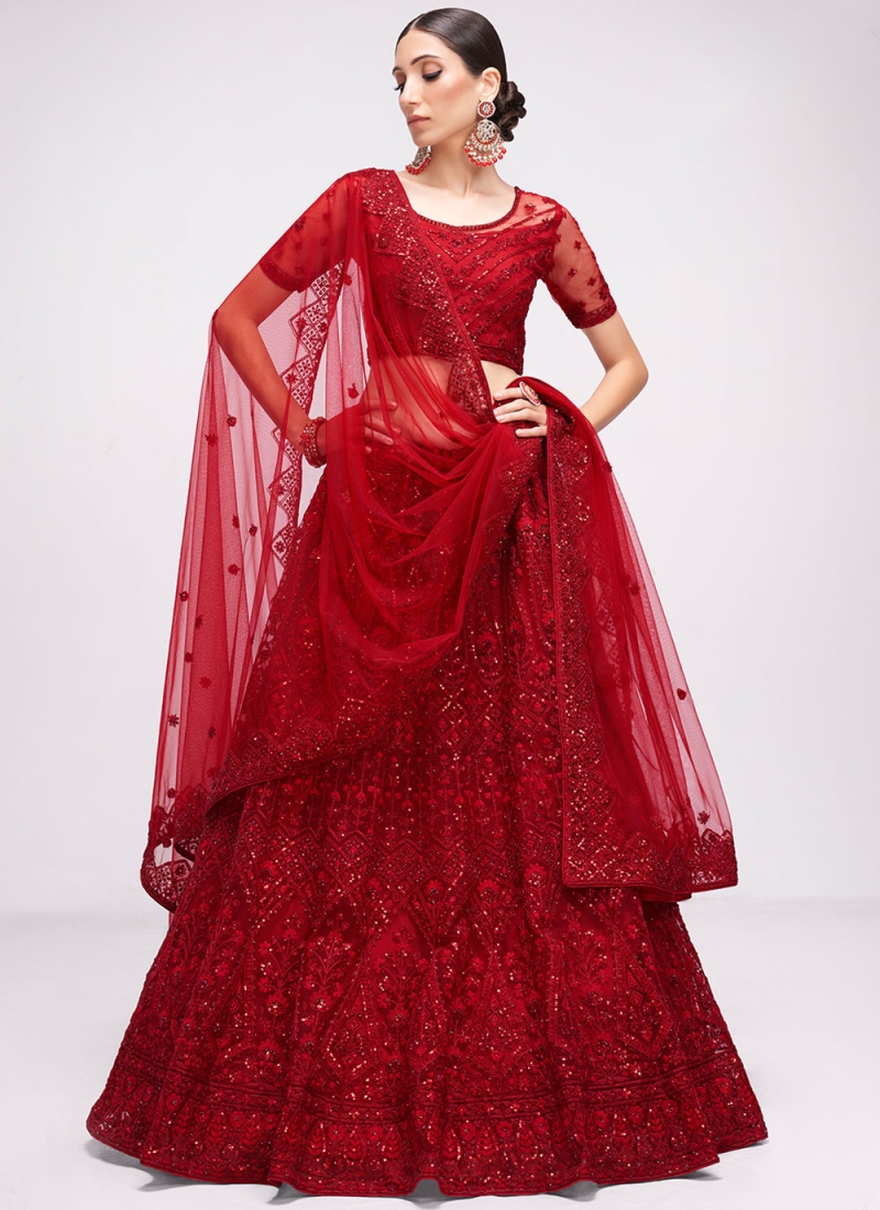 Lehenga Choli Embroidered Net in Red