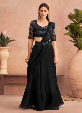 Lehenga Style Saree Embroidered Satin in Black