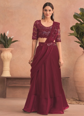 Lehenga Style Saree Sequins Net in Maroon