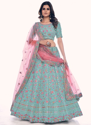 Long Choli Lehenga Sequins Net in Turquoise