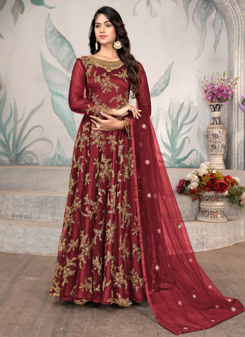 Long Length Anarkali Suit Sequins Net in Maroon