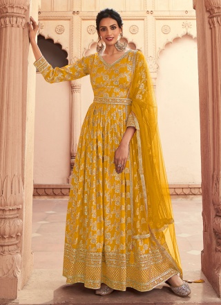 Lovable Jacquard Work Yellow Trendy Anarkali Salwar Kameez 