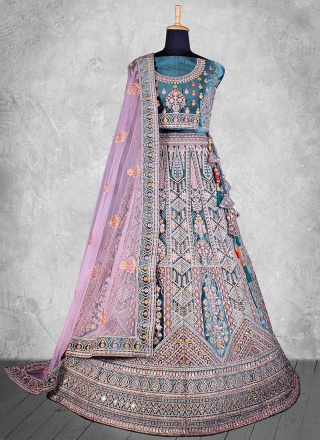 Lovable Velvet Embroidered Teal Trendy Long Choli Lehenga