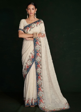 Lucknowi work Georgette Contemporary Saree in Off White