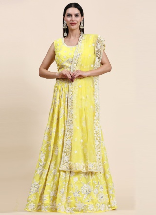 Lucknowi work Viscose Long Choli Lehenga in Yellow