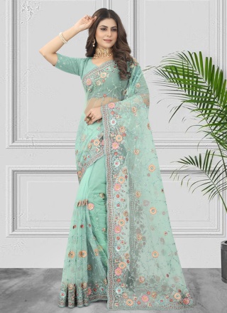 Magnetic Aqua Blue Embroidered Net Contemporary Saree